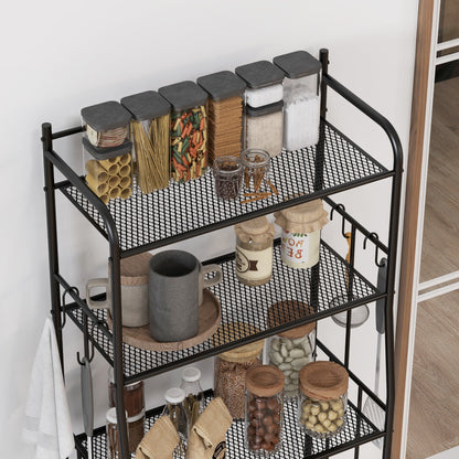 5-Tier Kitchen Storage Unit, Microwave Stand with 5 Mesh Open Shelves and 4 Hooks, Modern Coffee Bar Station with Steel Frame for Living Room, Black