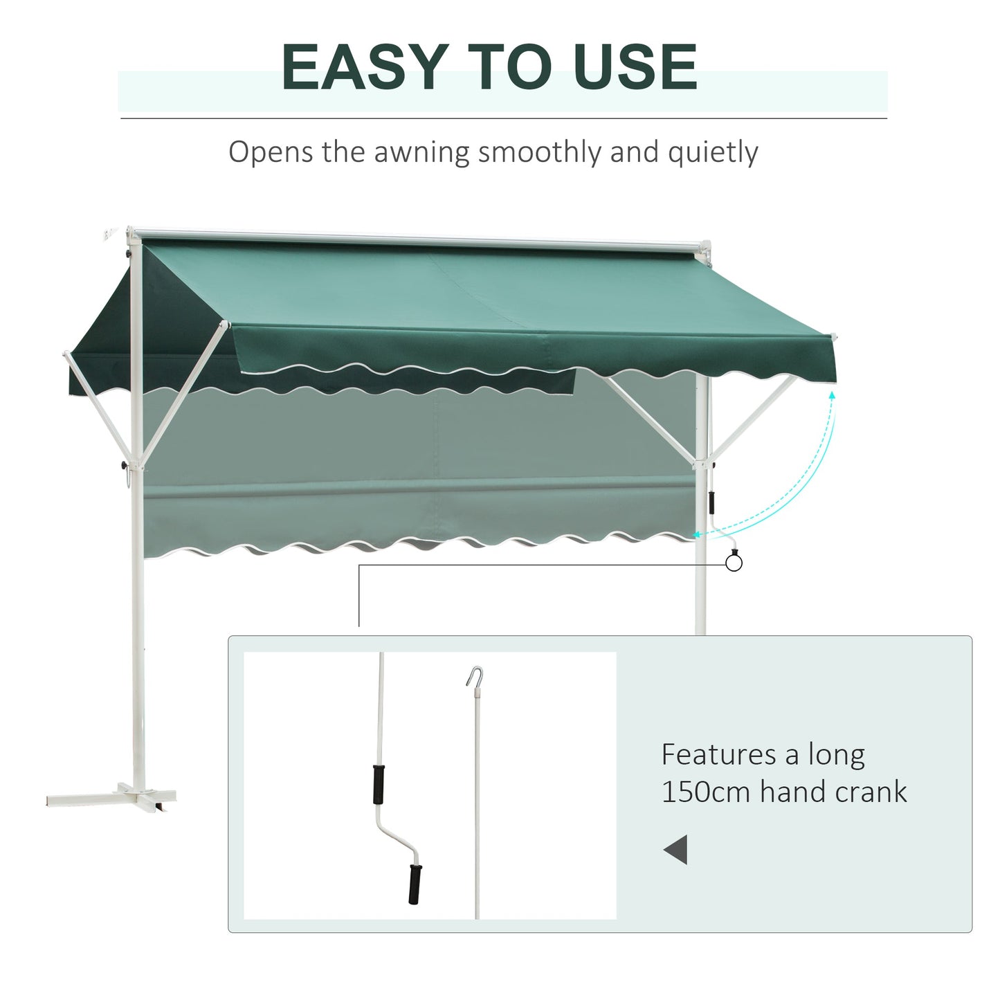 Outsunny 2 Side Manual Awning Garden Adjustable Canopy Free Standing Awning Shelter, 300 x 300 cm, Green and White