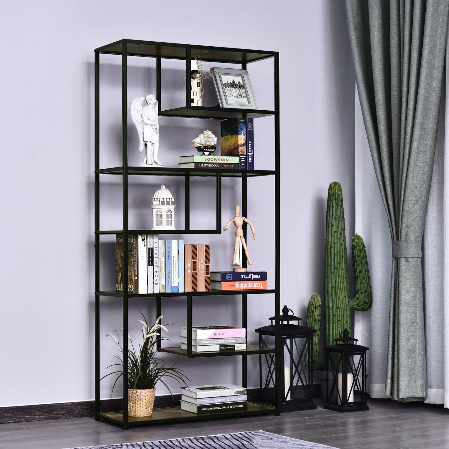 Wood Shelf Bookcase Industrial Style Stand 6-Staggered Shelf Living Room Display Rack Organiser