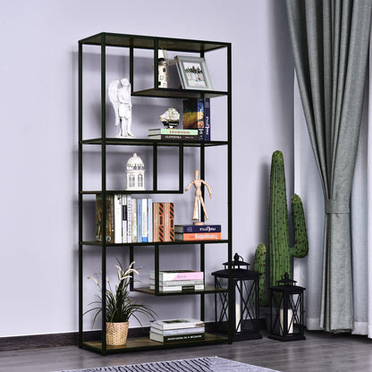 Wood Shelf Bookcase Industrial Style Stand 6-Staggered Shelf Living Room Display Rack Organiser