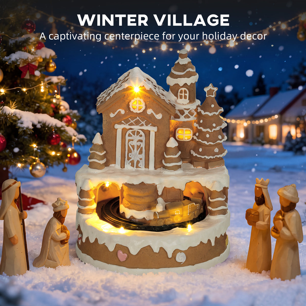 HOMCOM Christmas Gingerbread House, Lighted Musical Snow Village with Rotating Train, LEDs, Tunes, Battery Operated