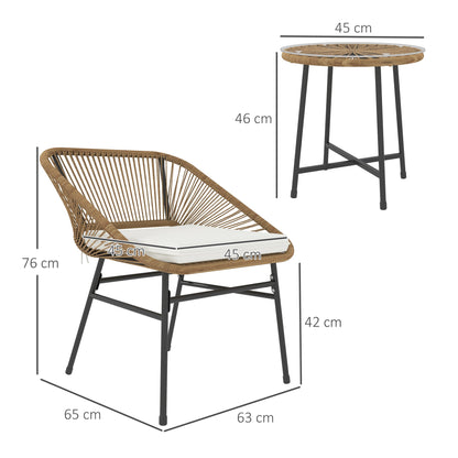 Outsunny 3 Pieces Rattan Bistro Set, Wicker Small Garden Table and Chairs Set with Cushions and Glass Top Coffee Table, Bistro Garden Furniture Set for Outdoor, Patio, Balcony, Natural