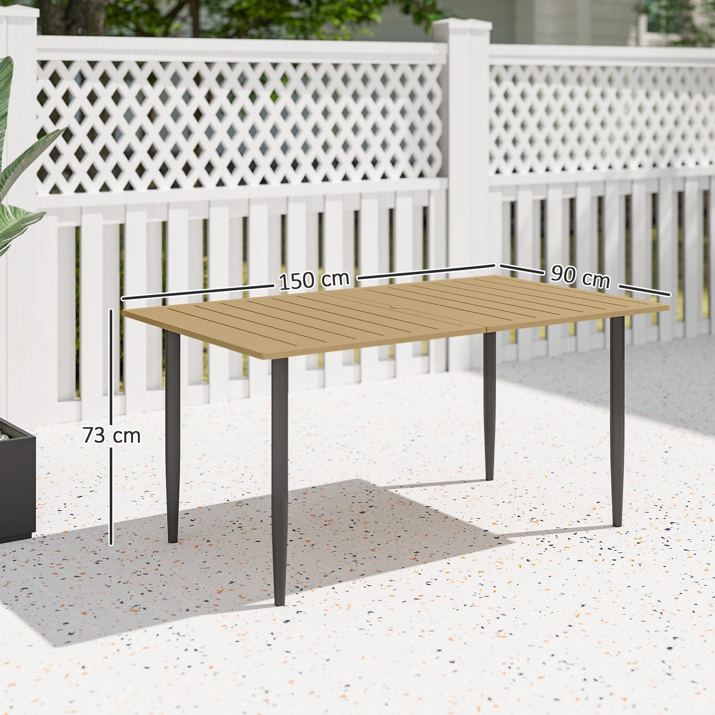 Outsunny Garden Dining Table, 150 x 90 cm Rectangle Outdoor Table with 5 cm Parasol Hole, Slatted Tabletop and Steel Frame for Patio Balcony, (Table Only) Brown