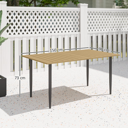 Outsunny Garden Dining Table, 150 x 90 cm Rectangle Outdoor Table with 5 cm Parasol Hole, Slatted Tabletop and Steel Frame for Patio Balcony, (Table Only) Brown