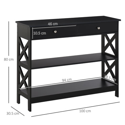 HOMCOM Console Table Side Desk w/ Shelves Drawers Open Top X Support Frame Living Room Hallway Home Office Furniture Black