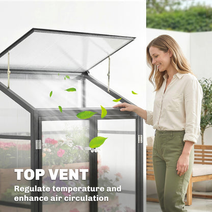 Outsunny 4 x 2ft Polycarbonate Greenhouse, Quick Setup, Lean-to Green House with 2 Hinged Doors, Top Vent, Black