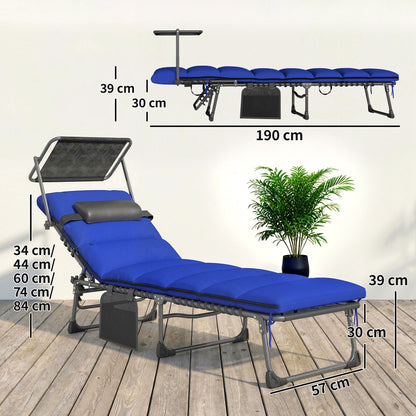 Outsunny Folding Sun Loungers Set of 2 with Canopy, Reclining Sunbed with Cushion, Side Pocket, Carrying Handle, Dark Blue