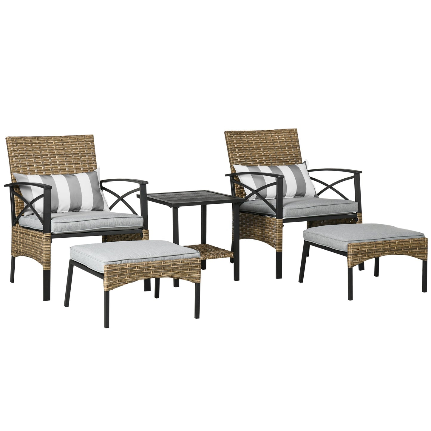 Outsunny 5 Piece PE Rattan Garden Furniture Set, 2 Armchairs, 2 Stools, Steel Tabletop with Wicker Shelf, Padded Outdoor Seating, Grey