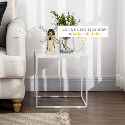 Zestaw 2 stolików kawowych HOMCOM Square Nesting, nowoczesny zestaw stolików, stoliki boczne do sofy ze stalową ramą do salonu, sypialni, małych pomieszczeń, biały