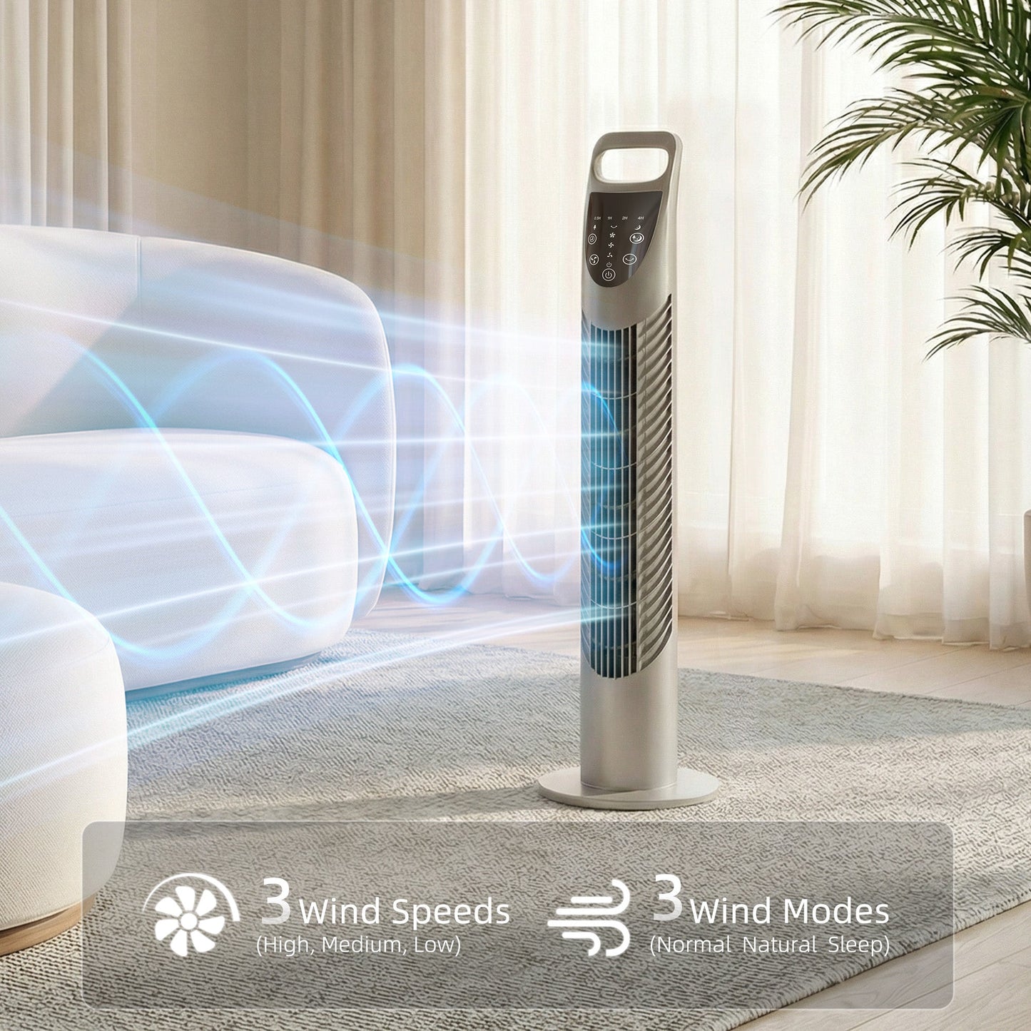 HOMCOM Tower Fan Oscillating 3 Speeds 3 Winds 40W w/ RC Timer Quiet - Grey