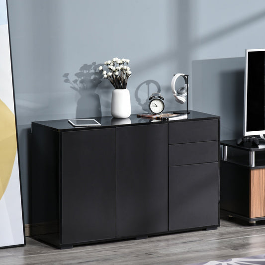 Szafka boczna HOMCOM High Gloss, konstrukcja Push-Open, z 2 szufladami i 2 szafkami do salonu, 74 wys. x 117 szer. x 36 gł. cm, kolor czarny