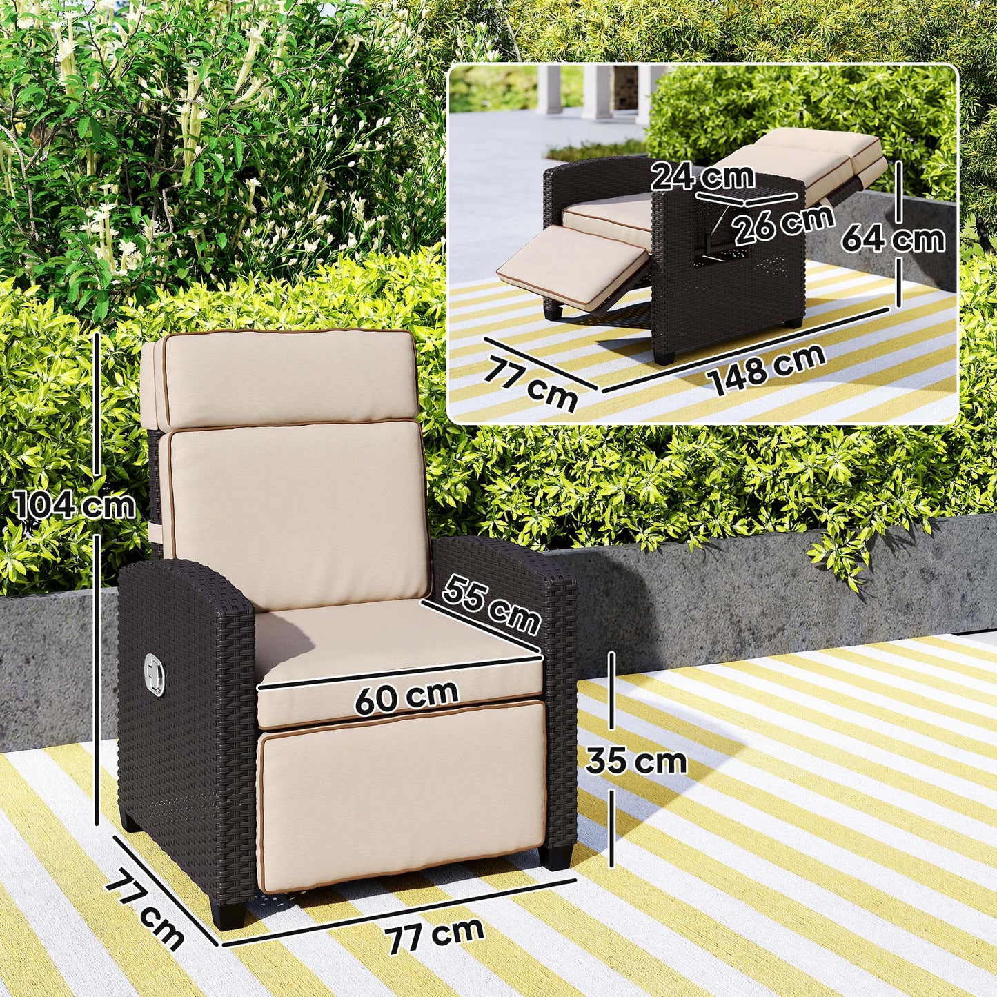 Outsunny 145 Reclining Rattan Armchair, with Footrest - Brown/Khaki