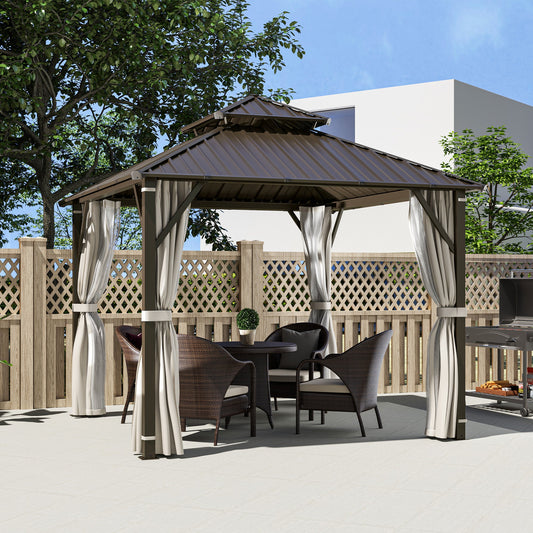 Outsunny 3 x 3(m) Hardtop Gazebo Canopy z podwójnym metalowym dachem, wodoodporny, stały pawilon ogrodowy z siatką i zasłonami, łatwy w montażu