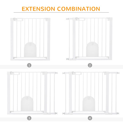 بوابة PawHut للكلاب مع حاجز بوابة أمان للحيوانات الأليفة بغطاء للقطط، تناسب ضغط الدرج، إغلاق تلقائي، قفل مزدوج، للمداخل والممرات، 75-103 سم أبيض