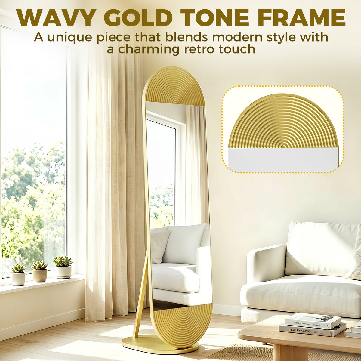 HOMCOM 50 x 161 cm Wavy Full Length Mirror, Free Standing Mirror with Metal Frame and Solid Base, Gold Tone