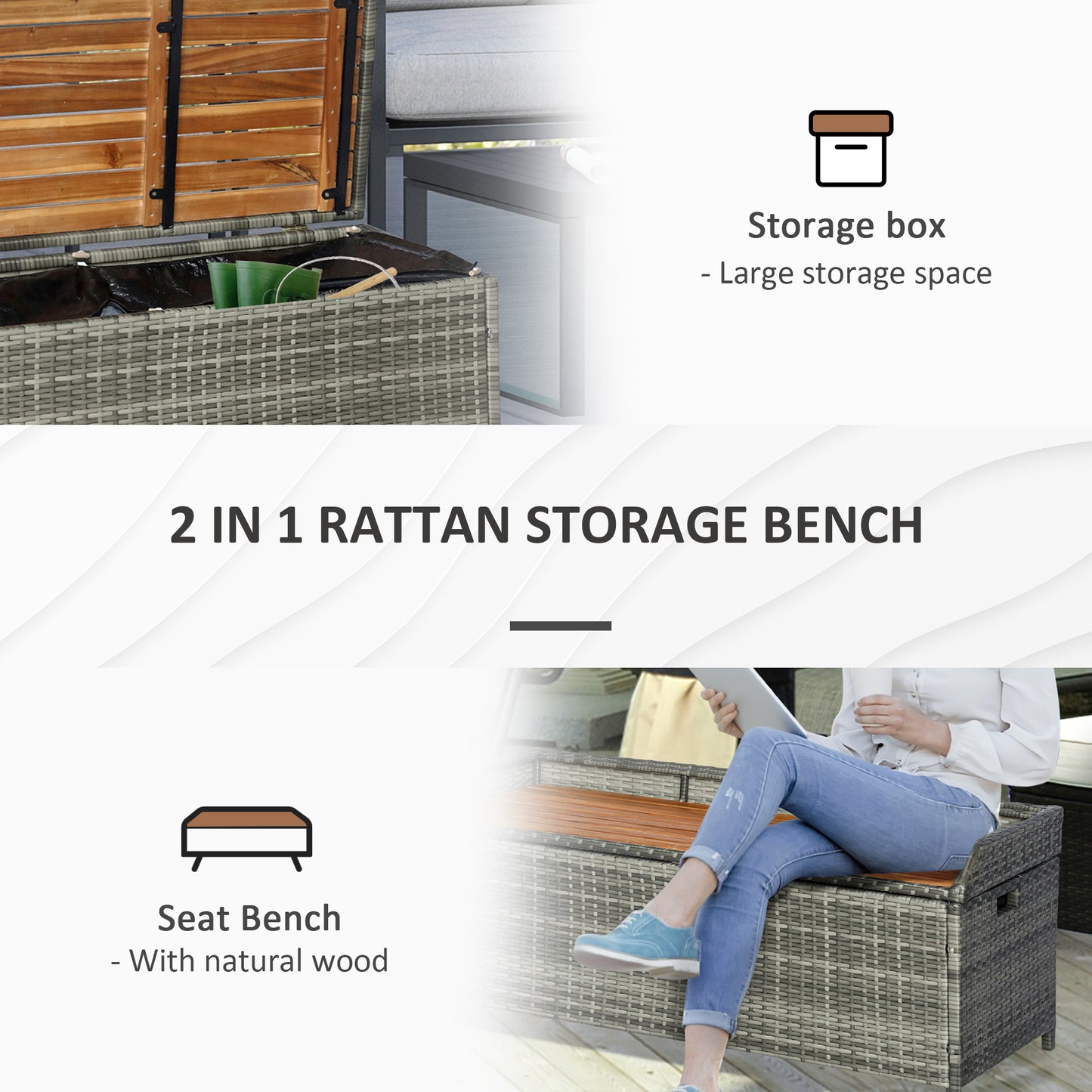 Outsunny Patio Wicker Storage Bench Box, Outdoor Garden PE Rattan Pool Storage Deck Bin Box z blatem z naturalnego drewna, pokrywką, idealny do przechowywania narzędzi, akcesoriów i zabawek, mieszany szary