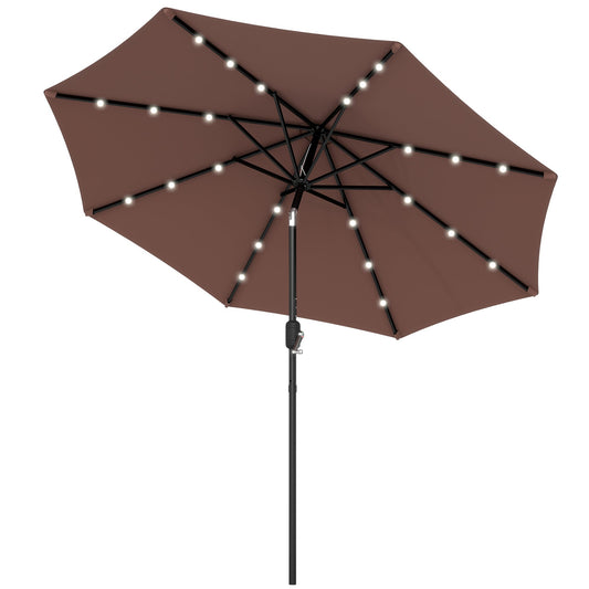 Outsunny â2.7m Garden 24 LED Light Parasol Solar Outdoor Tilt Sun Umbrella Patio Club Party Event Manual Sun Shade w/ Hand Crank and 8 Ribs, Brown