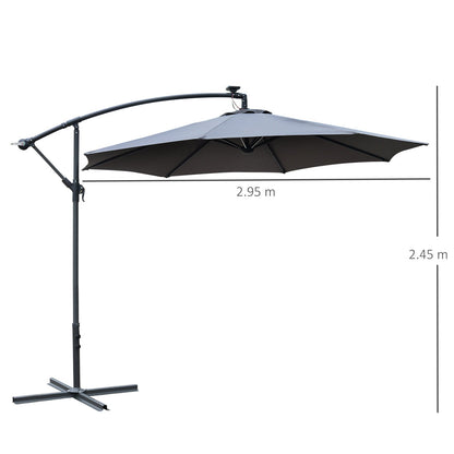 Outsunny 3(m) LED Banana Parasol Garden Cantilever Umbrella with Solar Lights, Crank Handle and Cross Base, Hanging Sun Shade, Grey