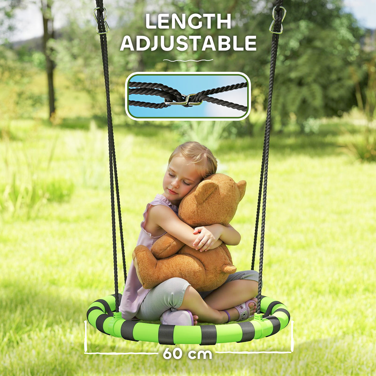 AIYAPLAY 60cm Diameter Kid Nest Swing Seat with Height Adjustable Ropes, for Outdoor, Indoor, Black/Green