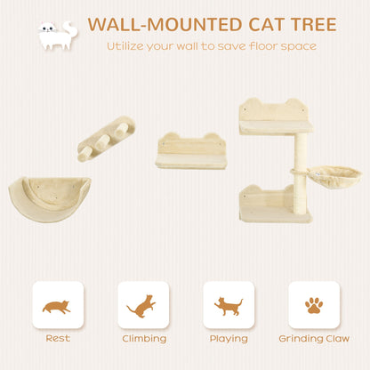 PawHut 4 Piece Wall-mounted Cats Shelves, Cat Climbing Shelf Set, Kitten Activity Center with Hammock Nest Scratching Post Jumping Platform, Beige