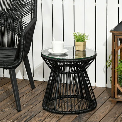 Outsunny Round End Table, Rattan Side Table, Hollow Drum Design Coffee Table w/ Glass Tabletop for Patio, Garden, Balcony Black