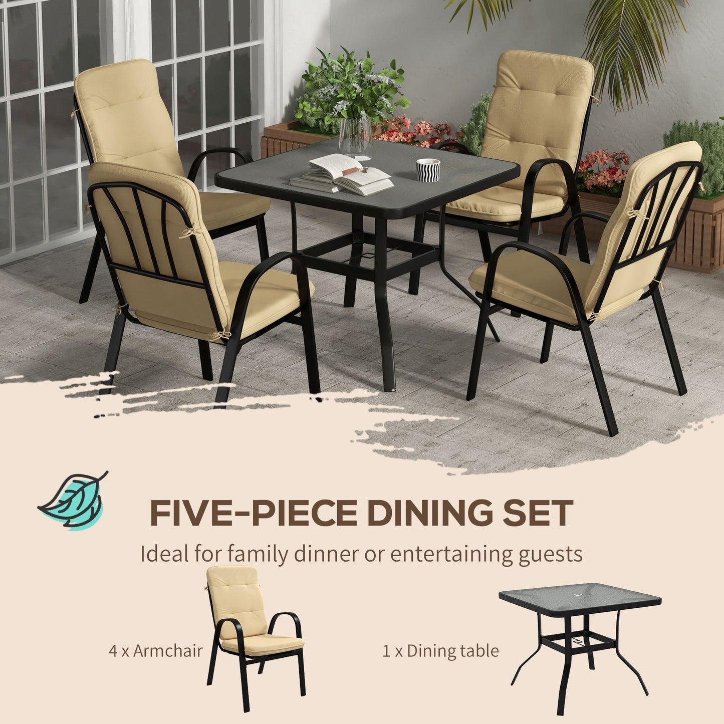 Outsunny 5 Pieces Outdoor Square Garden Dining Set w/ Tempered Glass Dining Table 4 Cushioned Armchairs, Umbrella Hole, Beige