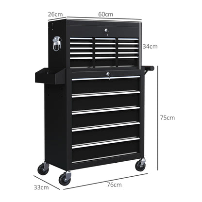 Rolling Tool Cabinet on Wheels with 14 Drawers, Pegboard and Side Rack, Lockable Top Tool Chest and Roller Cabinet Combo for Workshop and Home, Black