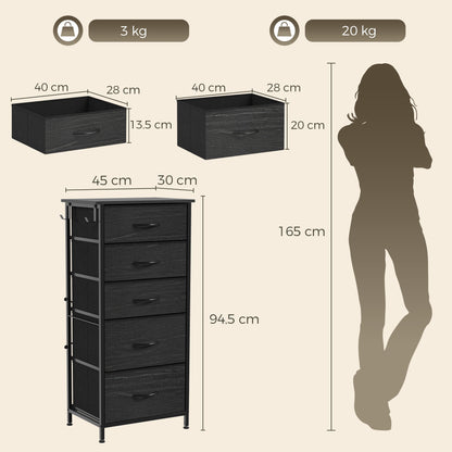 HOMCOM Chest of Drawers, Dresser with 5 Fabric Drawers, Tall Storage Unit with 4 Pockets and 2 Hooks, Steel Frame, Black