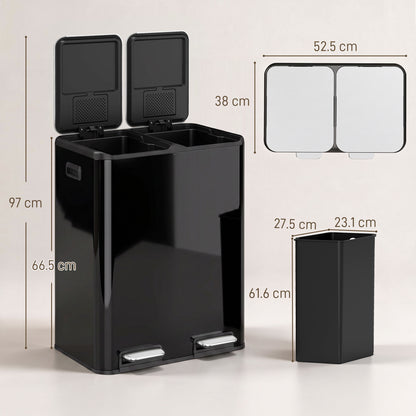 HOMCOM 2 x 30L Double Kitchen Bin, Stainless Steel Pedal Rubbish Bin with Dual Compartments, Soft Close Lids, High Gloss Black
