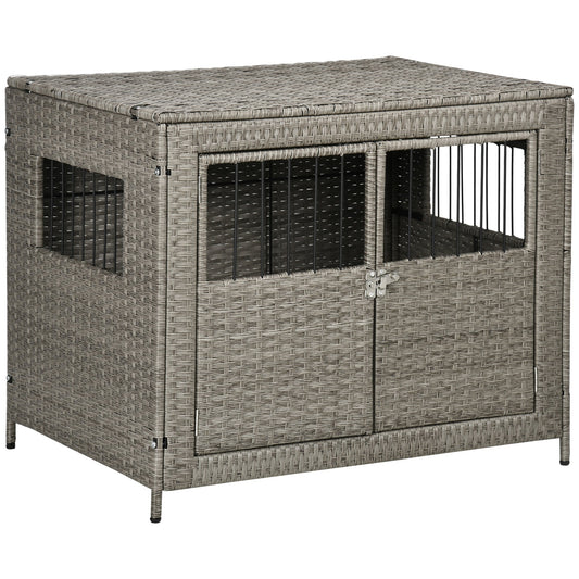 PawHut Wicker Dog Cage, Dog Crate with Double Doors and Soft Washable Cushion for Medium to Large Sized Dogs, 85 x 61 x 70 cm