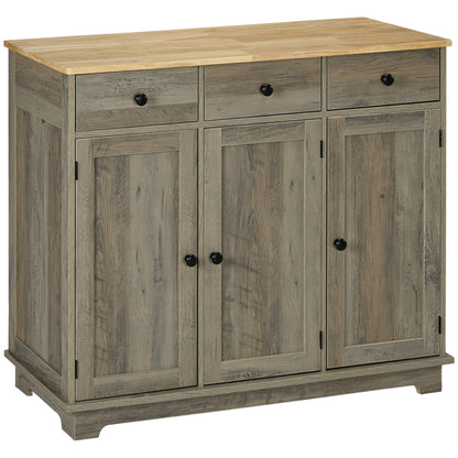 HOMCOM Sideboard with Rubber Wood Top, Modern Storage Cabinet, Kitchen Cupboard with 3 Doors, 3 Drawers and 3 Adjustable Shelves for Dining Room, Living Room, Grey Wood-Effect