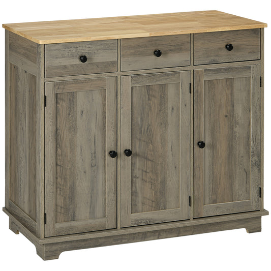 HOMCOM Sideboard with Rubber Wood Top, Modern Storage Cabinet, Kitchen Cupboard with 3 Doors, 3 Drawers and 3 Adjustable Shelves for Dining Room, Living Room, Grey Wood-Effect