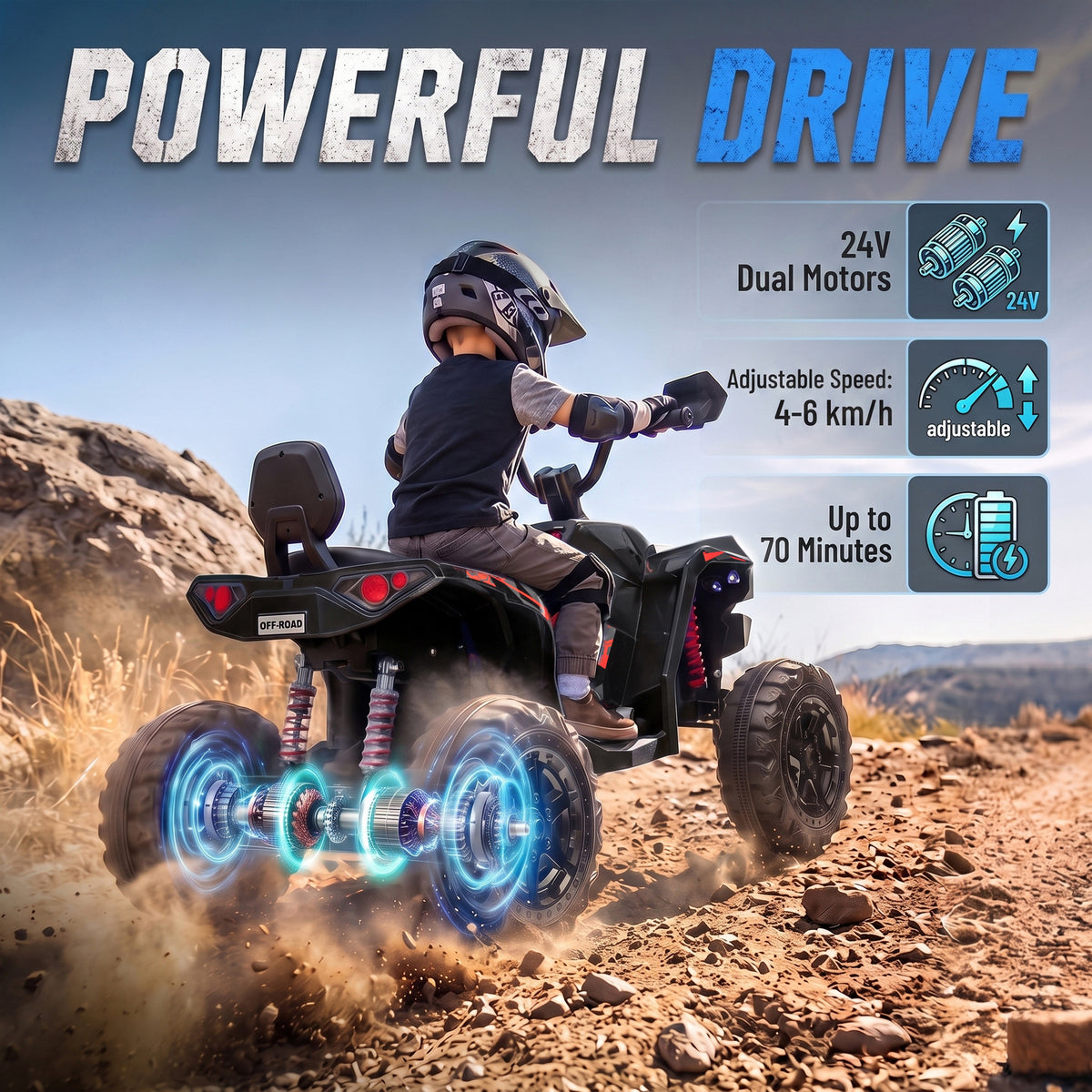 AIYAPLAY 24V 2 Seater Electric Quad Bike for Kids, Ride On Car ATV Toy w/ Forward Backward, for Boys Girls 3-8 Years, Black