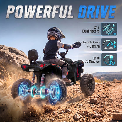 AIYAPLAY 24V 2 Seater Electric Quad Bike for Kids, Ride On Car ATV Toy w/ Forward Backward, for Boys Girls 3-8 Years, Black