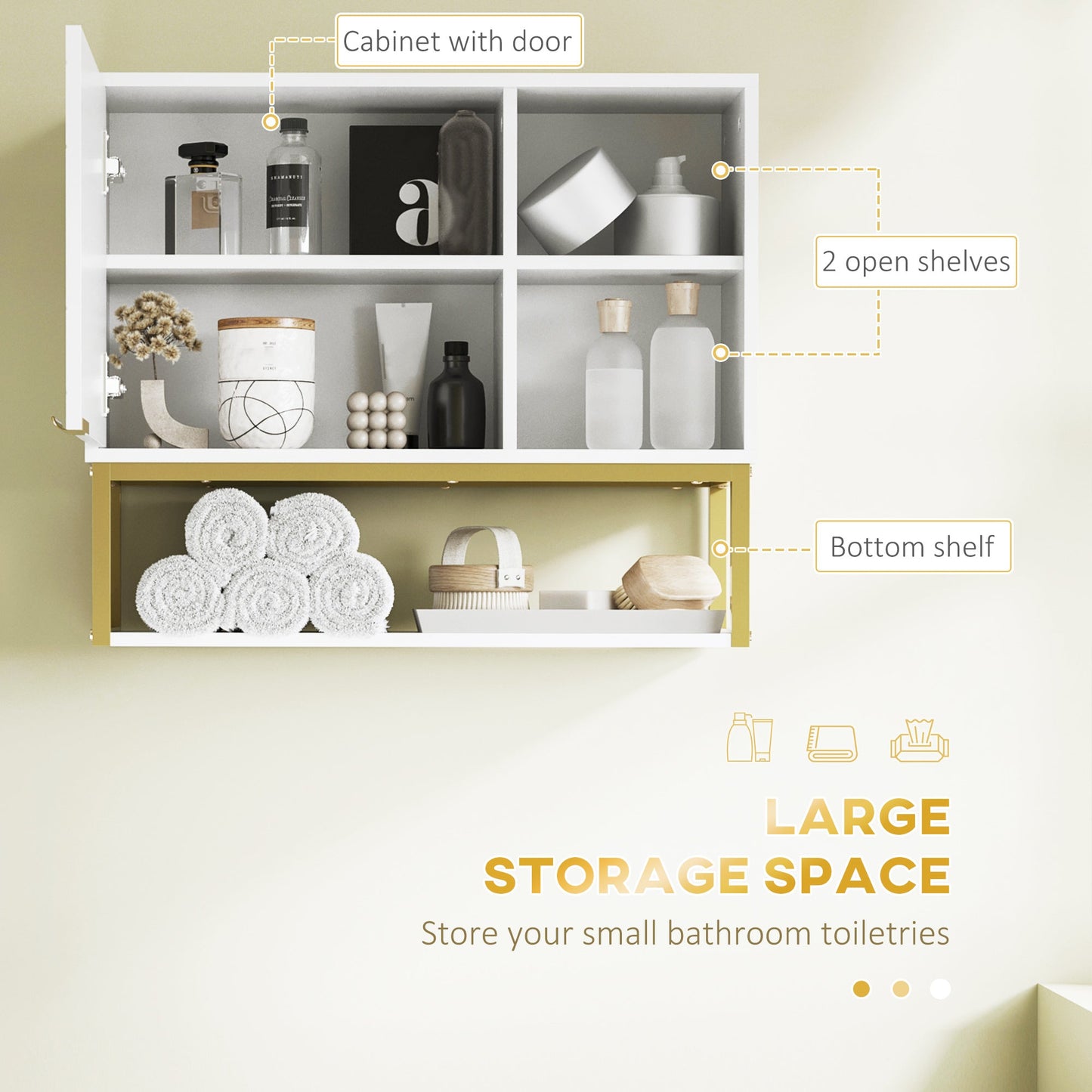 خزانة حائط للحمام من كلينكين، خزانة تخزين فوق المرحاض مع باب وأرفف تخزين للممر وغرفة المعيشة، باللون الأبيض