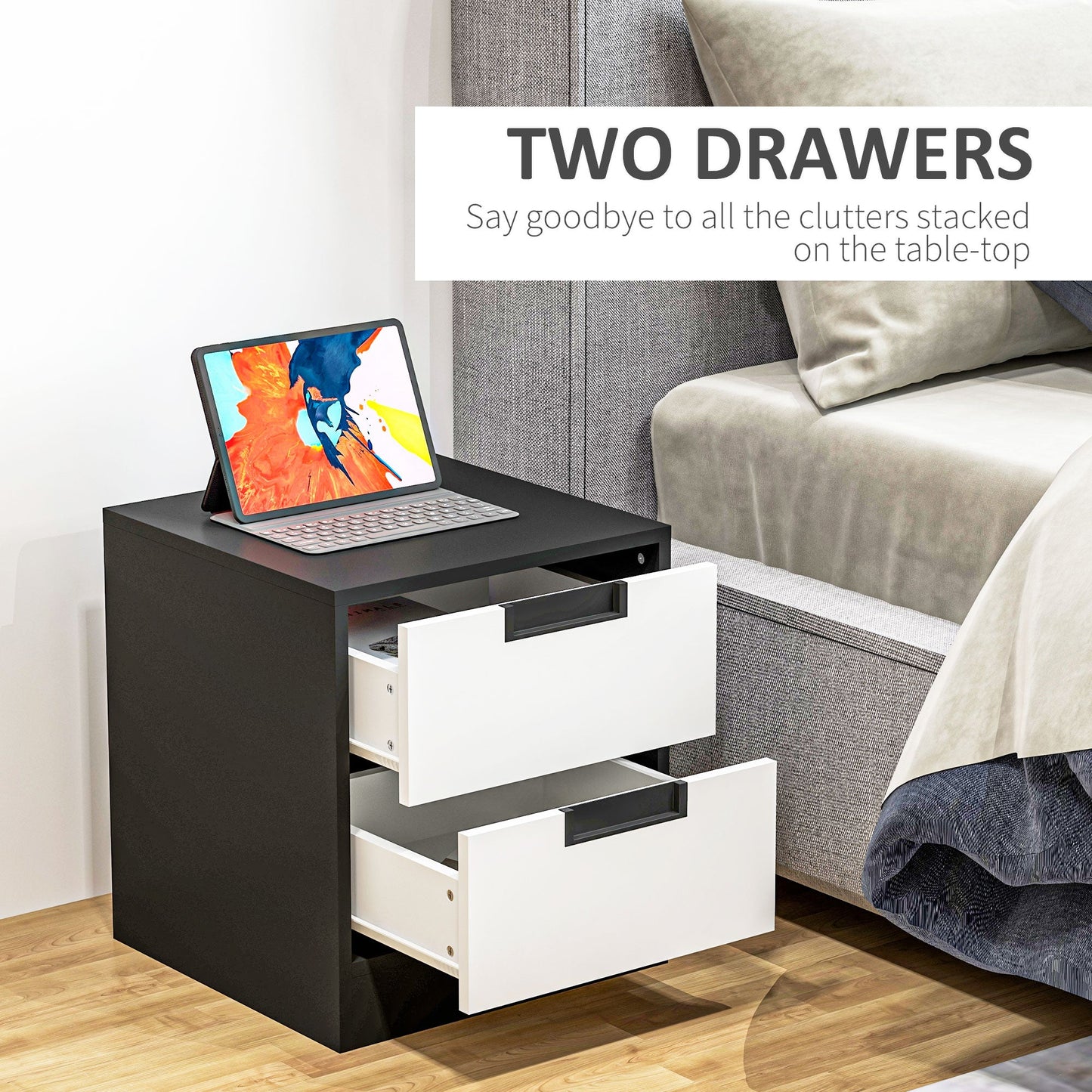 HOMCOM Set of Two Monochrome Two-Drawer Bedside Tables