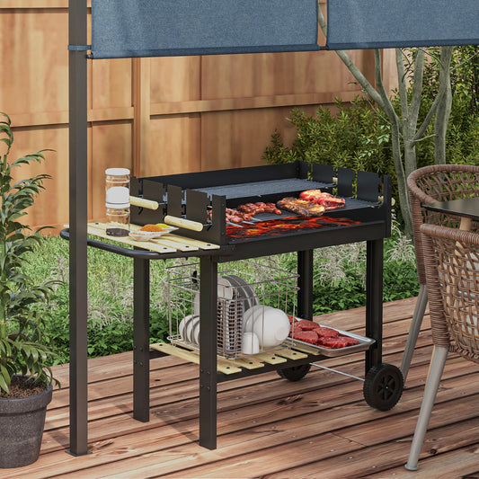 Outsunny Węgiel drzewny√Ç BBQ√Ç Grill, Wózek na grilla√Ç z podwójnym regulowanym grillem, stolikiem bocznym, półką do przechowywania i kółkami do gotowania na świeżym powietrzu w ogrodzie, czarny