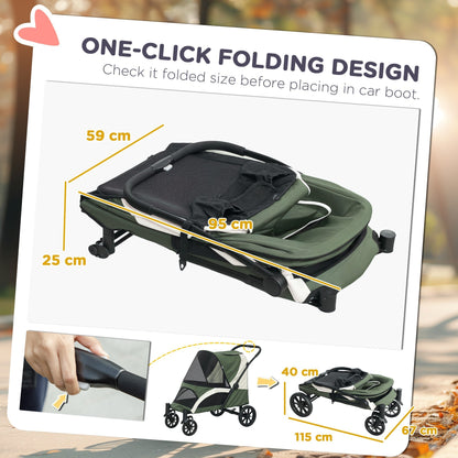 PawHut Foldable Pet Stroller for Large Dogs with Four Big Wheels, Shock-Absorbing Frame, Safety Leashes, Brakes, Dark Green