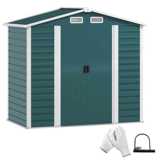 Outsunny 7 x 4ft Garden Shed, łatwy w montażu, ulepszona ocynkowana stalowa rama z zestawem fundamentowym, podwójne drzwi z zamkiem, zewnętrzna metalowa szopa z otworami wentylacyjnymi i rękawicami, ogrodowa szopa magazynowa, zielona