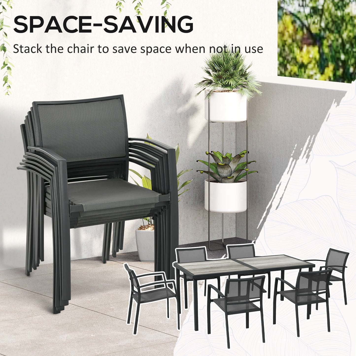 7 Pieces Garden Dining Set, Stackable Chairs, Outdoor Patio 6 Seater Table and Chairs With Breathable Mesh Seat, Back, Plastic Top for Poolside - Grey