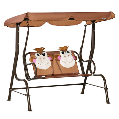 Outsunny 2-Seat Kids Canopy Swing, Children Outdoor Patio Lounge Chair, for Garden Porch, with Adjustable Awning, Seat Belt, Monkey Pattern, Coffee