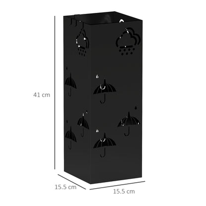 HOMCOM Metal Umbrella Stand, Square Umbrella Holder with Removable Drip Tray and 4 Hooks, Decorative Umbrella Storage Rack for Hallway, Entryway, 15.5 x 15.5 x 41 cm, Black