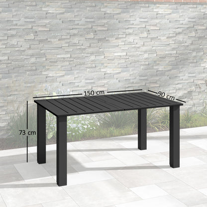 Outsunny Garden Table with Parasol Hole for 6 Person, Rectangle Outdoor Dining Table with Slatted Metal Tabletop, Steel Frame for Patio, Balcony, 150 x 90 x 73 cm, Black