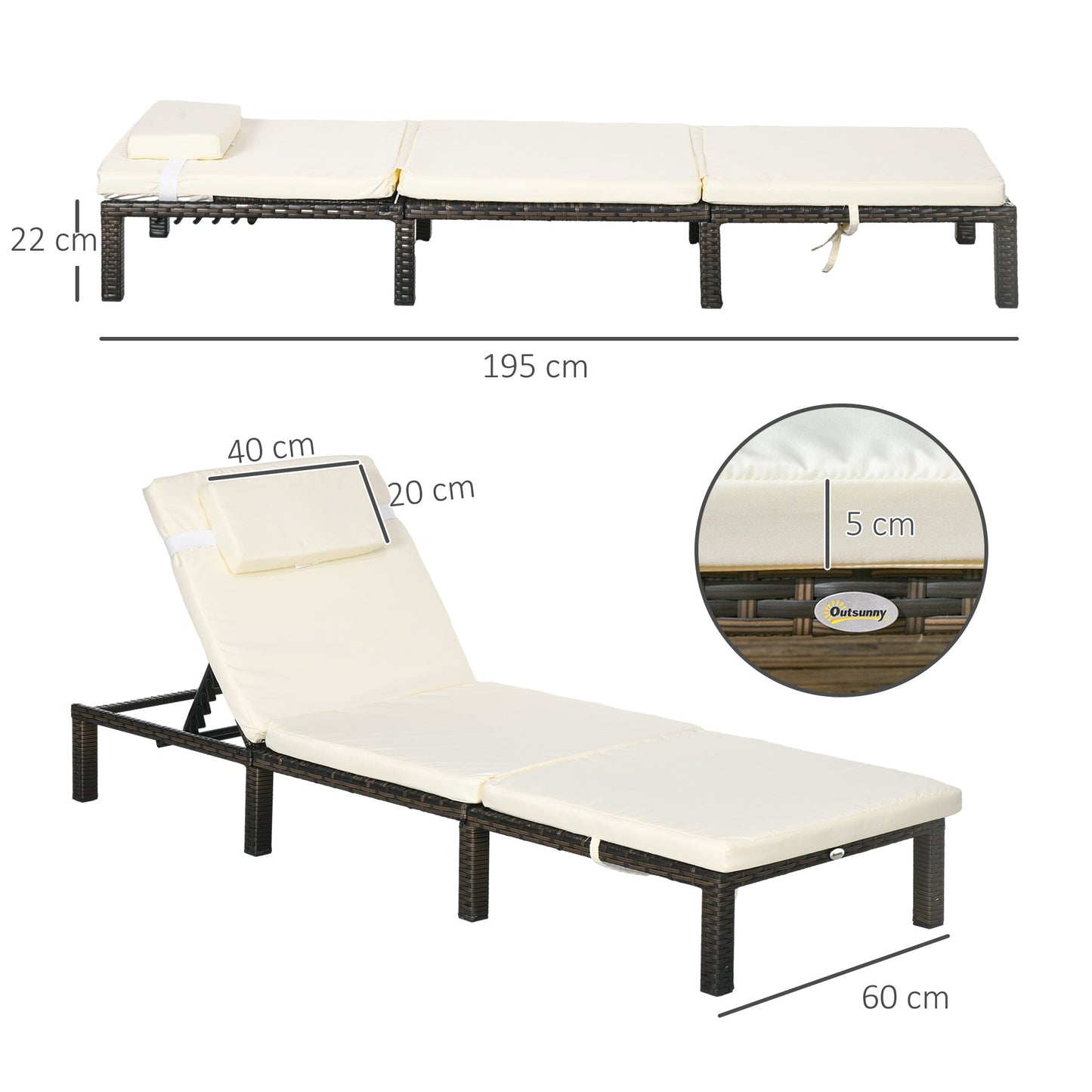 Rattan Sun Loungers Set of 2 with 5-Level Adjustable Backrest, Wicker Lounge Chairs with Padded Cushion and Headrest for Outdoors  Cream White