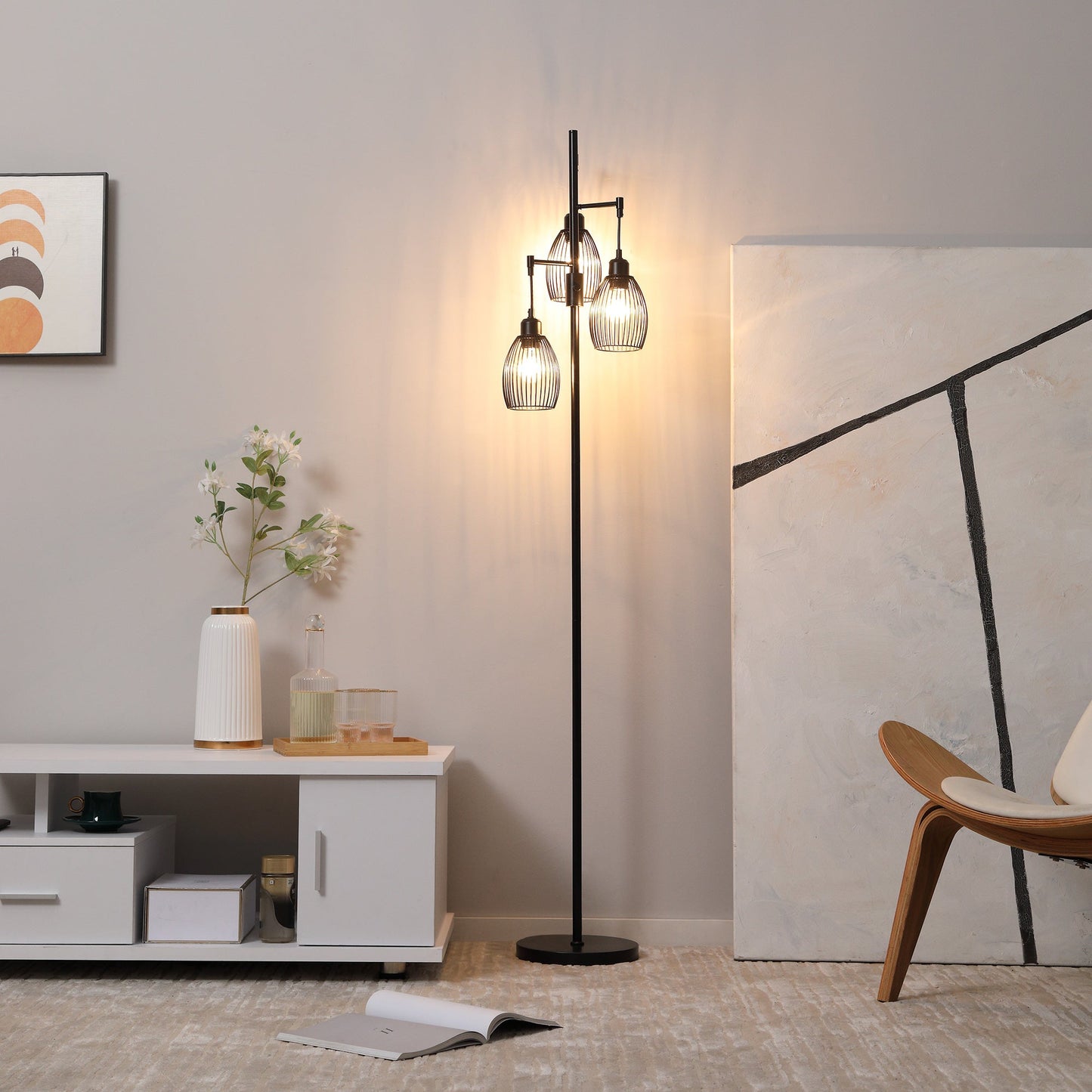 HOMCOM 3-Light Floor Lamp, 170cm Industrial Dimmable Standing Lamp with Steel Wire Cage Lampshades for Living Room, Bedroom, Dining Room, Study, Black
