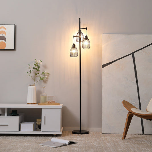 HOMCOM 3-Light Floor Lamp, 170cm Industrial Dimmable Standing Lamp with Steel Wire Cage Lampshades for Living Room, Bedroom, Dining Room, Study, Black