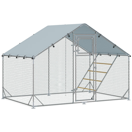 PawHut Walk-in Chicken Run w/ Cover, Feeding Door, Hanging Feeder, Perch, for 6-8 Poultry