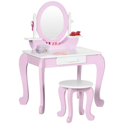 ZONEKIZ Kids Dressing Table Set Kids Vanity Set Girl Makeup Desk with Mirror Stool Drawer Round Legs for 3-6 Years Old, Pink