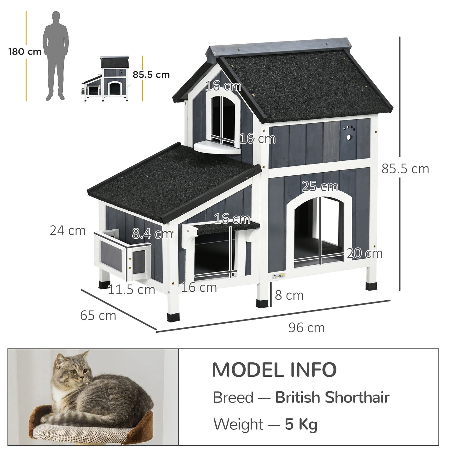 PawHut Wooden Cat House Outdoor with Flower Pot, 2 Tiers Cat Shelter with Window, Multiple Entrances, Water-resistant Roof, Grey