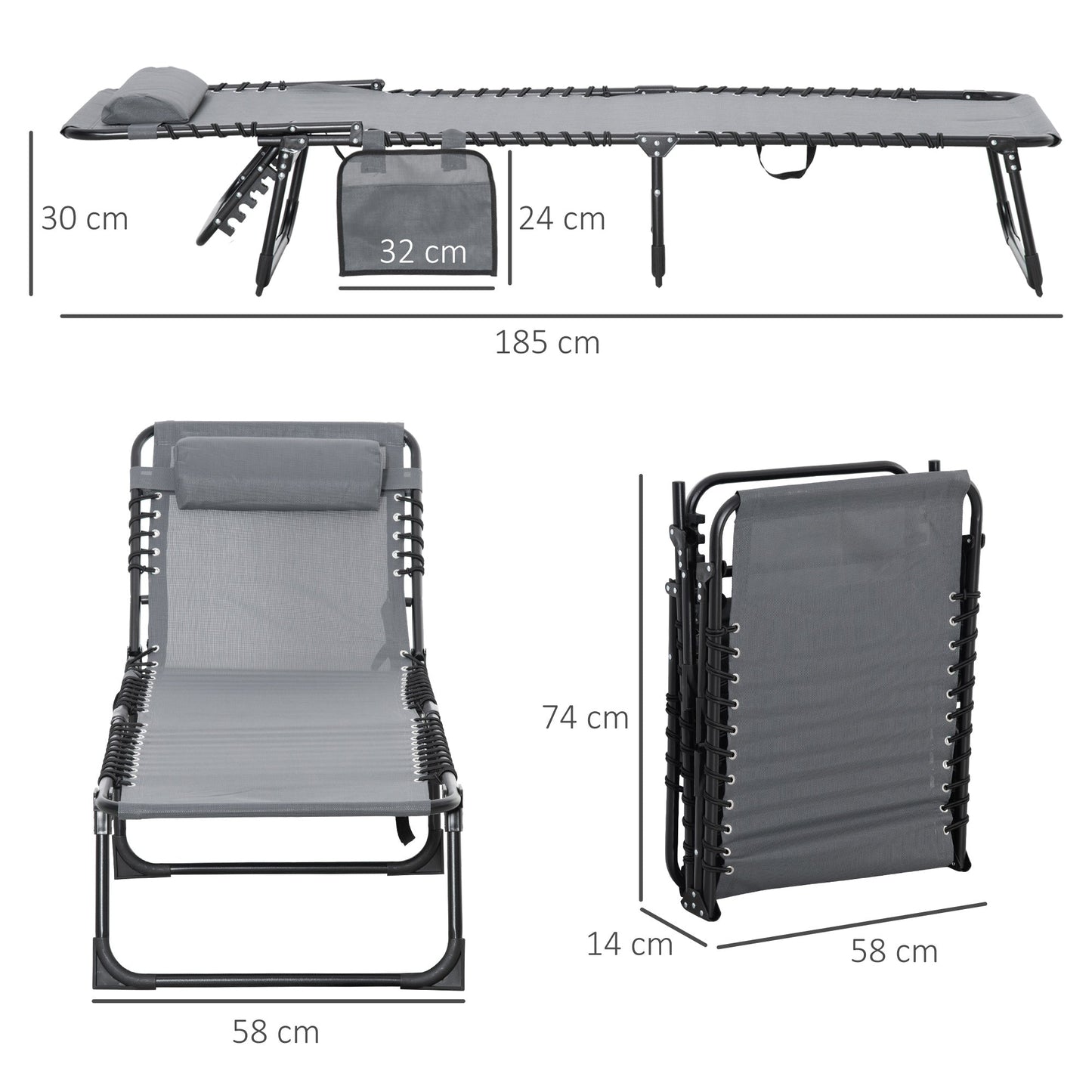 طقم كرسي استرخاء محمول من Outsunny مكون من قطعتين، سرير تخييم قابل للطي، كرسي استرخاء متكئ بمسند ظهر قابل للتعديل في 5 أوضاع مع جيب جانبي، وسادة للفناء والحديقة والشاطئ وحمام السباحة، رمادي